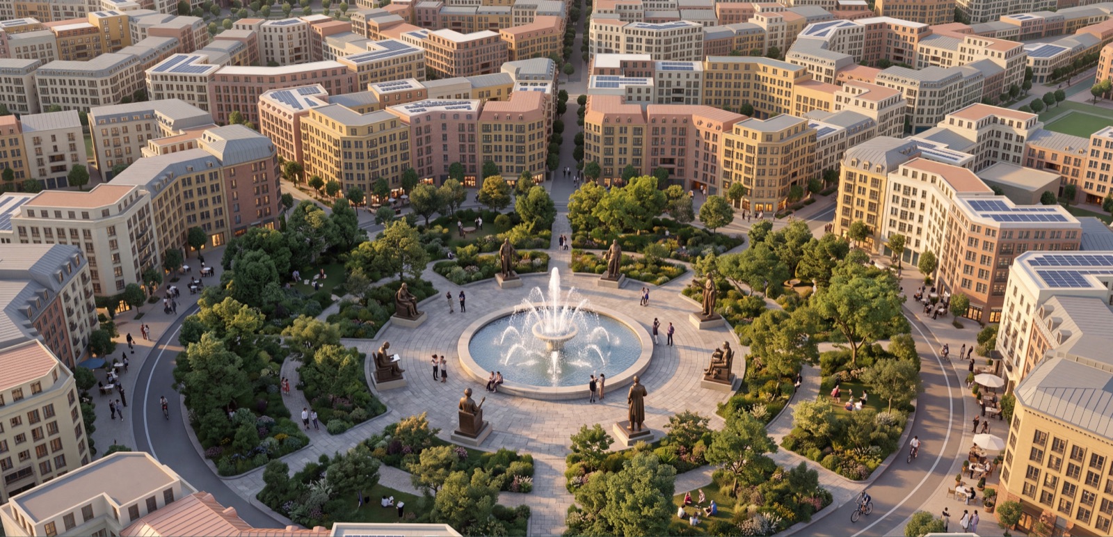 Illustrative civic piazza with fountain, planting and surrounding courtyard buildings.