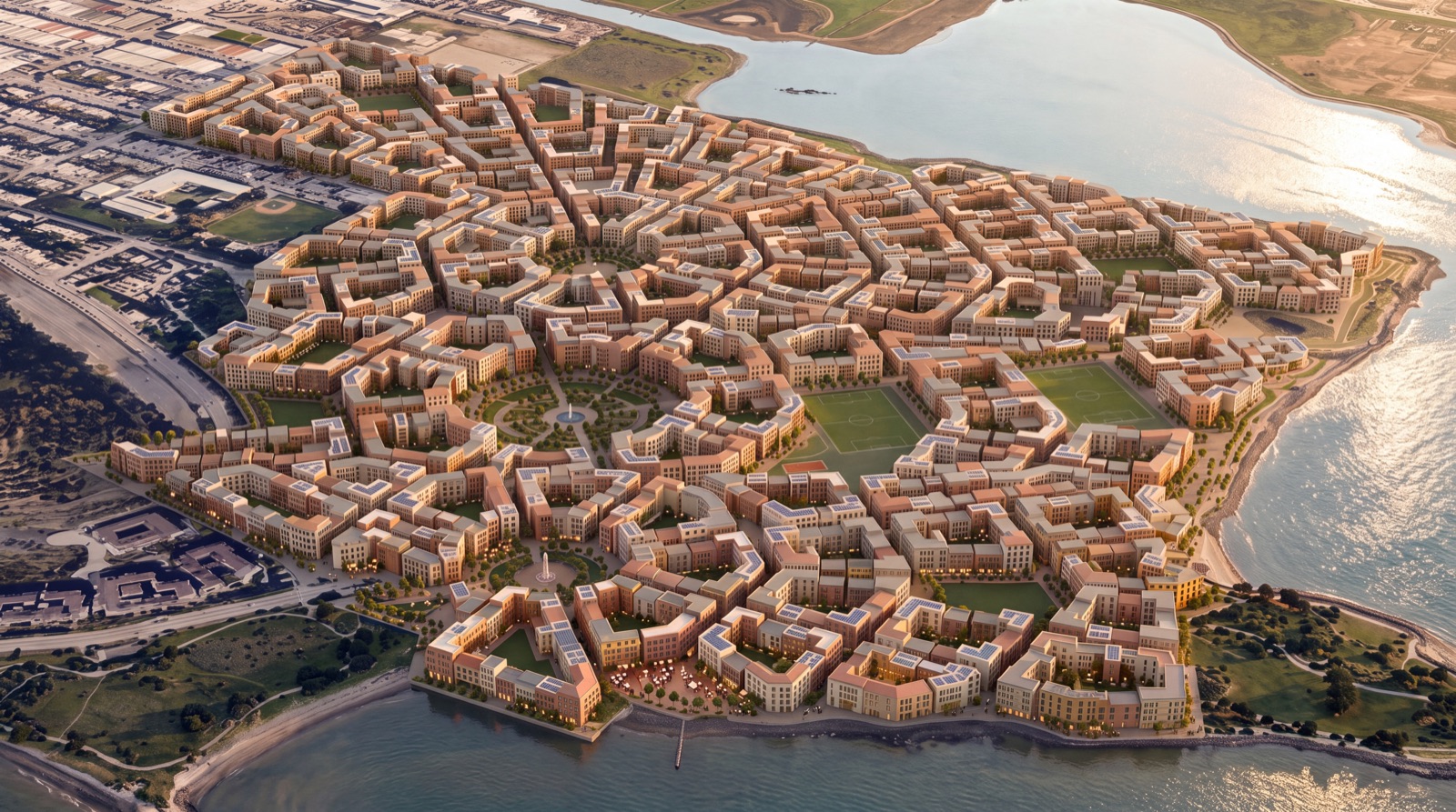 District-wide concept aerial of Candlestick courtyard blocks, gardens, civic piazzas and sports fields beside the bay.